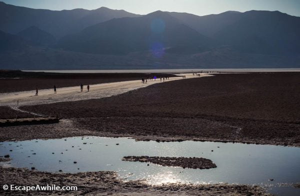 Badwater basin, the lowest point in US at sunset.