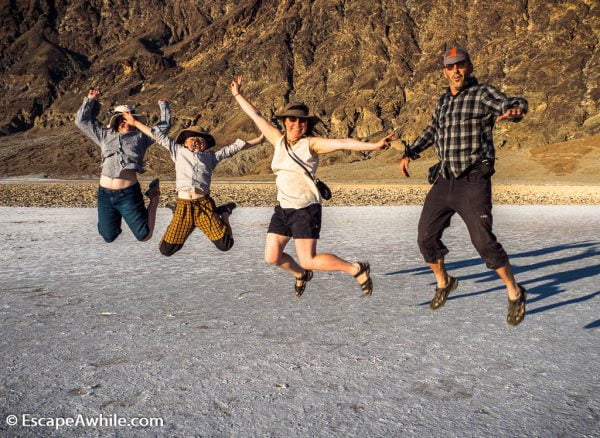 Zero gravitation on the the lowest point in US caught dad by surprise :-) Badwater basin, Death Valley.