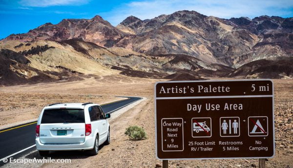 Start of the Artist drive, 9 mile / 15 km one way winding road amongst colourful rocks, Death Valley NP.