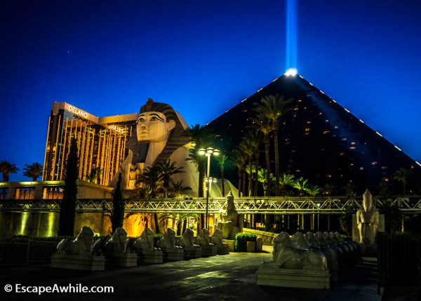 Egyptian themed Luxor Casino, Las Vegas, complete with the pyramid and Sphinx statue for the entrance.