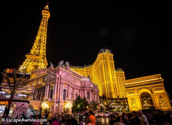 Paris Las Vegas Hotel and Casino entrance with scaled down Paris landmarks.