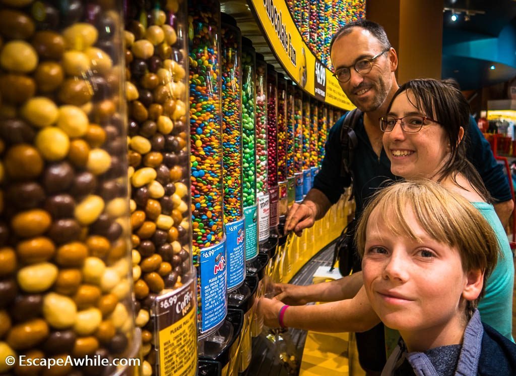 Get your chocolate fix at M&M Chocolate wall, M&M World, Las Vegas