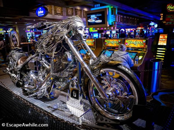 Many motorcycle themed artworks are displayed throughout city. This one is inside Treasure Island Casino, Las vegas.