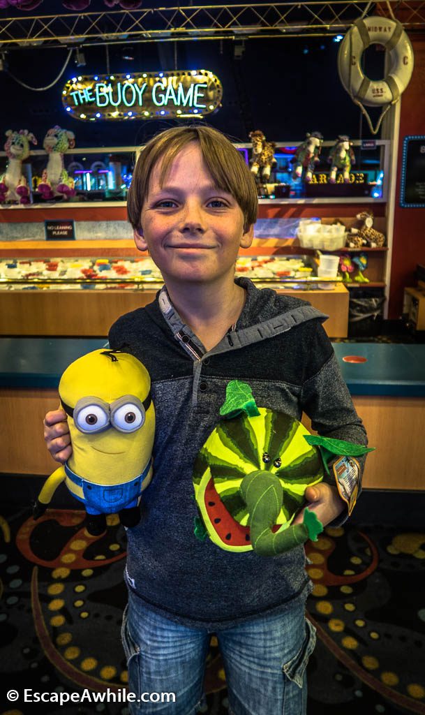 Tobias and his plush prizes, Midway hall at Circus Circus casino.