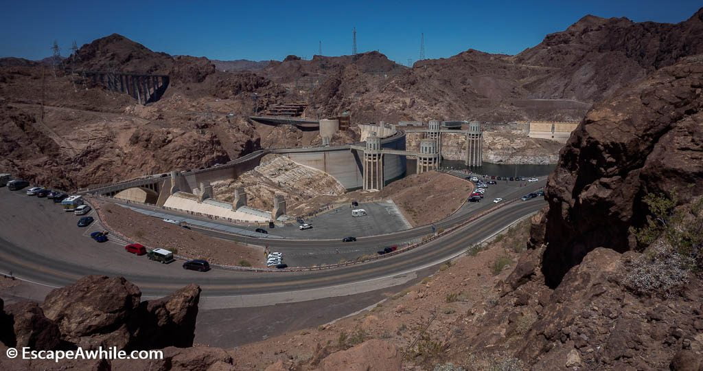 Overview of the Hoover Dam visitor access and parking.