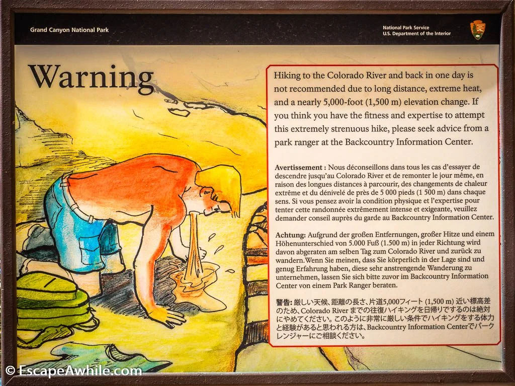 Warnning sign at start of South Kaibab Trail, South Rim, Grand Canyon, Arizona, USA