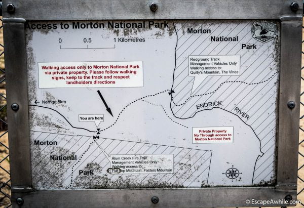 Sign explaining public acess to the Morton National Park