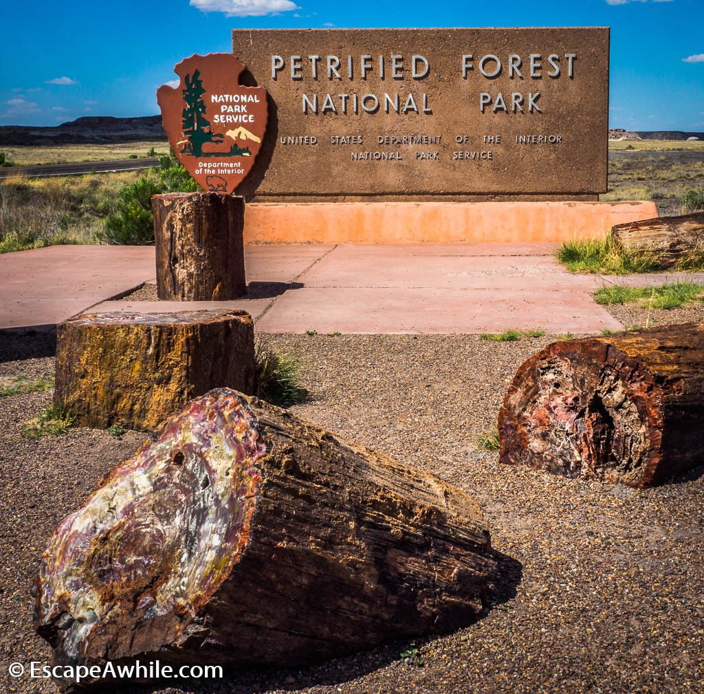 Entry sign to Petrified Forest National Park, with some fine examples of stone logs.
